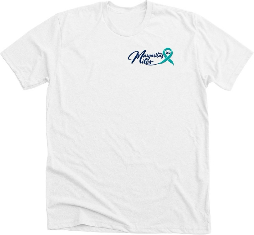 Front of the white Margarita’s Miles T-shirt with the campaign logo over the left chest